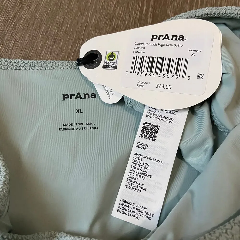 Prana Lahari Scrunch High Rise Swim Bottom Women's XL Saltwater Textured Cheeky